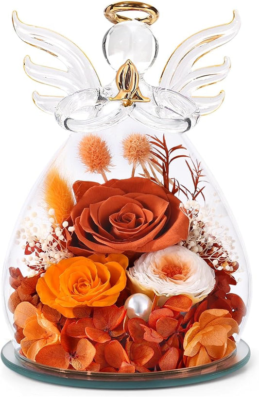 Gifts for Women Birthday Preserved Rose Forever Flower in Glass Angel Figurines Fresh Flowers for Delivery Prime for Mom Real Orange Roses for Grandma Sister Wife Her from Daughter