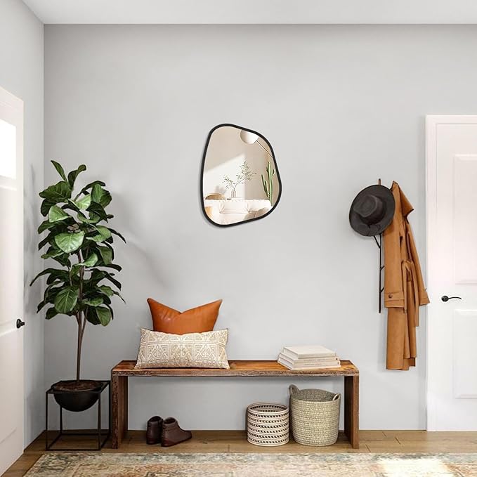 Black Asymmetrical Mirror Irregular Oval Wall Mirror Modern Wood Frame Unique Shape Wall Mounted Vanity Artistic Mirror Decorative for Living Room Bedroom Bathroom Entryway Large 16"x12"