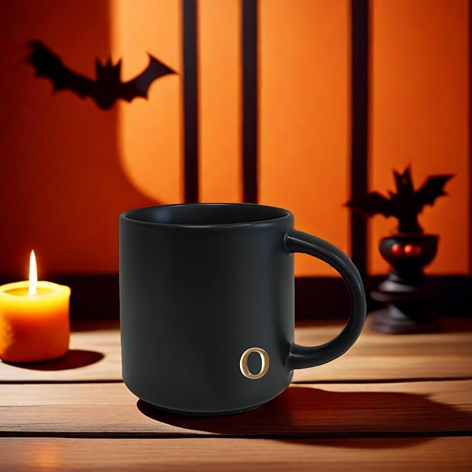 COLLECTIVE HOME - Black Monogram Ceramic Mugs, 15 oz Golden Initial Coffee Cups, Elegant Alphabet Tea Mugs, Personalized Halloween Mug with Gift Box, Perfect for Office and Home Décor (o)