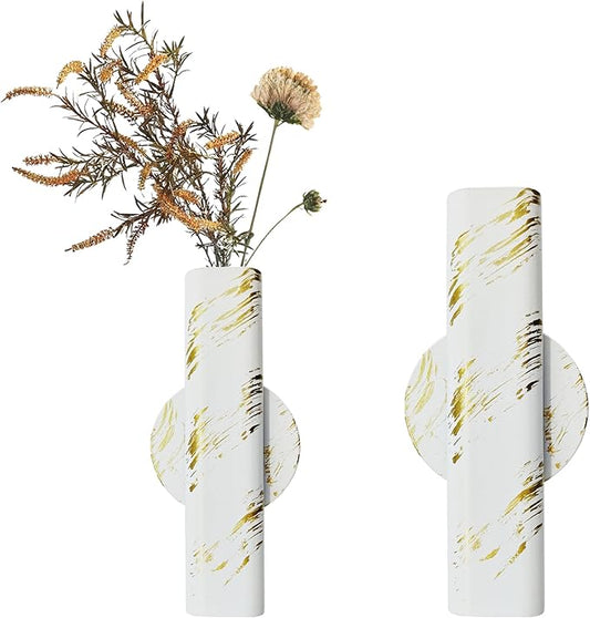 7" Wall-Mounted Flower Tube, Top/Bottom Open Vase Tube, Wall Metal Flower Tube Decoration Holder for Flower Display with Sticker, 2pcs(White Gold)