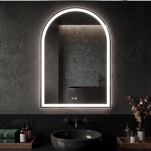 Sweetcrispy 28"×36" LED Bathroom Mirror with Lights, Arched Vanity Mirror with Anti-Fog, Dimmable, 3-Color Light, Memory Function, Tempered Glass