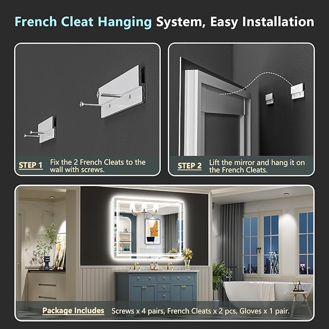 50x36 Inch LED Bathroom Mirror with Lights, Backlit & Front Lit, Anti-Fog Lighted Vanity Mirrors for Bathroom Wall, Dimmable, 3-Color Light, Memory, Shatter-Proof, HD Tempered Glass, CRI ＞90