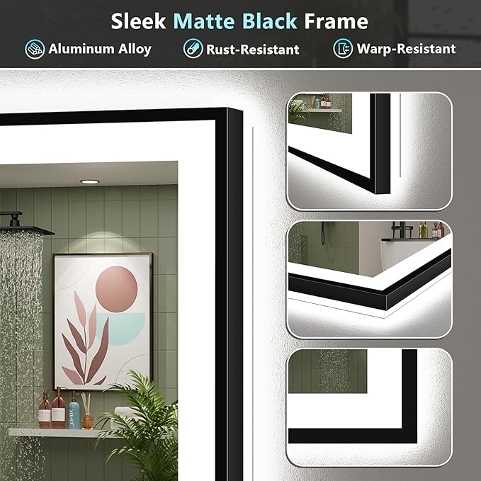 40x30 Black Framed LED Bathroom Mirror with Lights, Backlit + Front Lit, Anti-Fog Lighted Vanity Mirror for Bathroom Wall with 3 Colors, Dimmable, Memory, Tempered Glass, Horizontal/Vertical