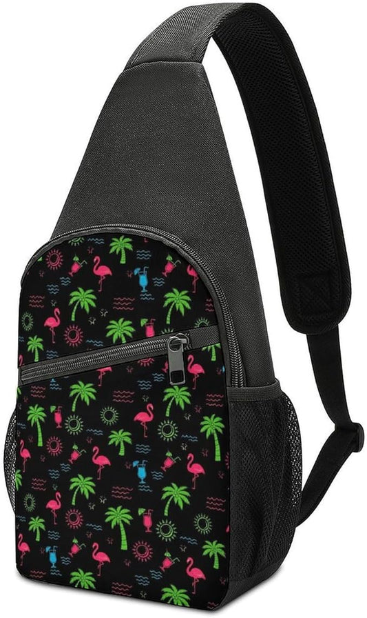 SWEET TANG Casual Sling Backpack for Men Chest Shoulder Crossbody Backpack, Unbalance Gym Funny Sack, Neon Flamingo Travel Bag Outdoor Hiking Daypack