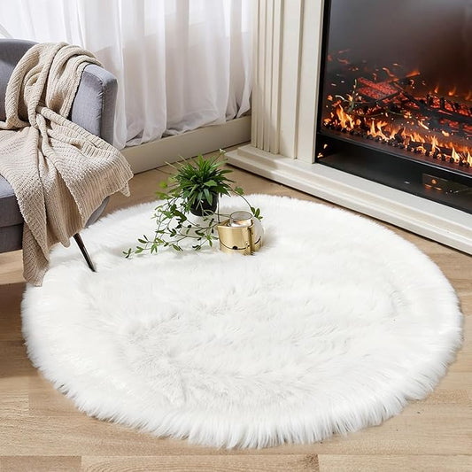 White Fluffy Round Fur Area Rug for Bedroom, Circle Faux Fur Rugs for Kids Room, Cute Fuzzy Nursery, Shaggy Circular Rugs Floor Carpets for Teens Girls Rooms Home Decor, 4 x 4 Feet