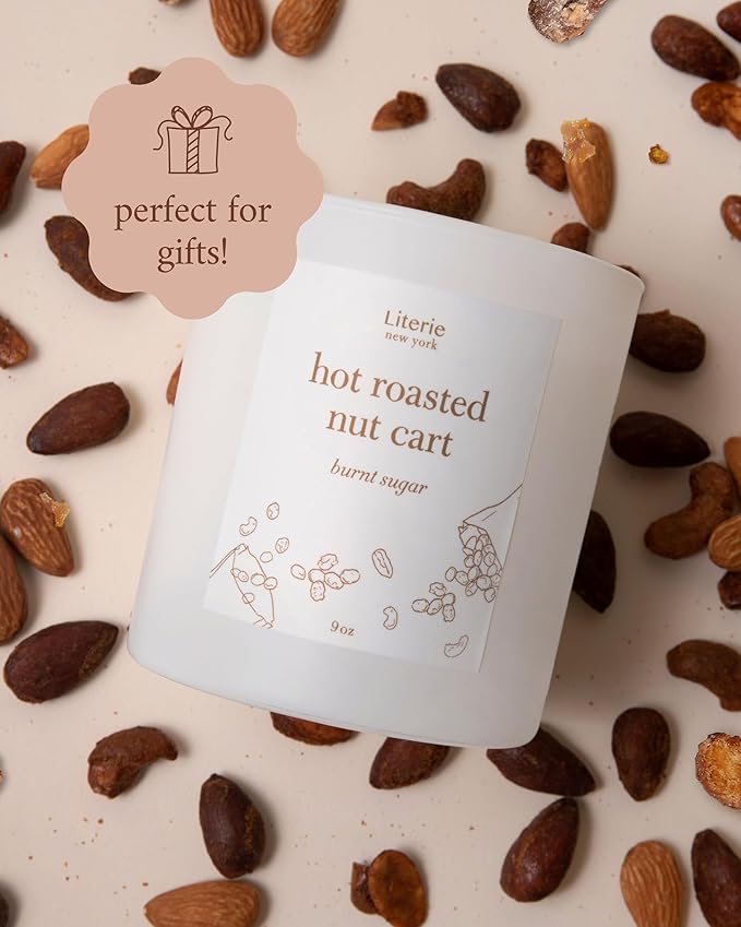 Literie NYC Inspired Scented Candle: Hot Roasted Nut Cart - Burnt Sugar Scent, 9oz, 50 Hour Burn, Vegan Soy & Coconut Blend Candle for Home Decor, Gift for Women & Men