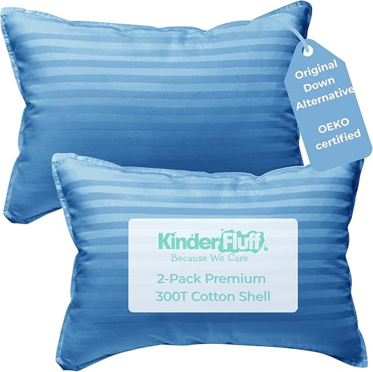 kinder Fluff Mini Toddler Pillows (2pk) 10x15in- The only Pillow for Kids 300T Cotton Shell & Down Alternative Fill - Machine Washable, Ideal Pillow for Kids Above 2 Years- Blue- XS