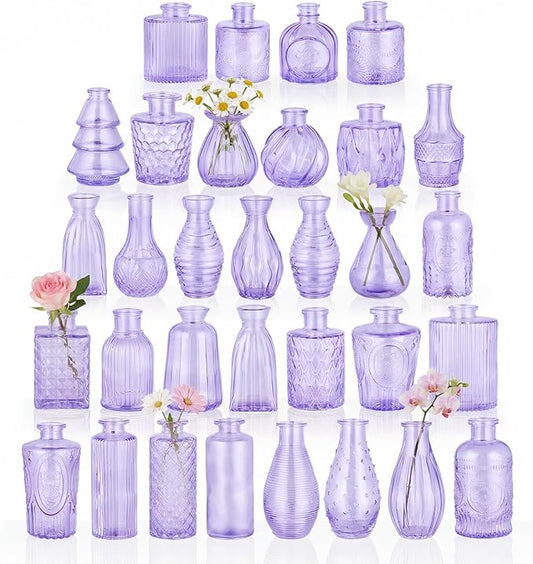 BEAHOT 32 Pack Purple Bud Vase in Bulk,Mini Vintage Glass Flower Vases for Centerpieces,Wedding Decor,Party & Home Decaration,Mother's Day (Purple)