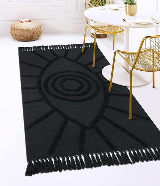 Uphome Boho Area Rug 4'x6' Washable Evil Eye Tufted Living Room Rug with Tassels Soft Cotton Woven Nursery Rug Farmhouse Aesthetic Dark Gray Indoor Carpet for Home Kitchen Dining Room Bedroom