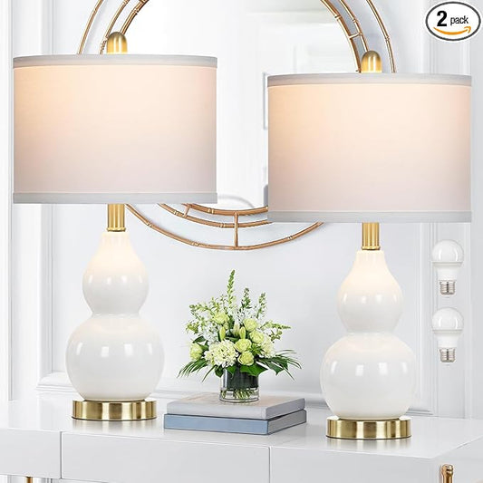 Double Gourd Ceramic Table Lamps Set of 2, Modern White Bedside Lamps for Night Stand, Contemporary Nightstand Lamps for Bedroom Living Room (Bulb Included)