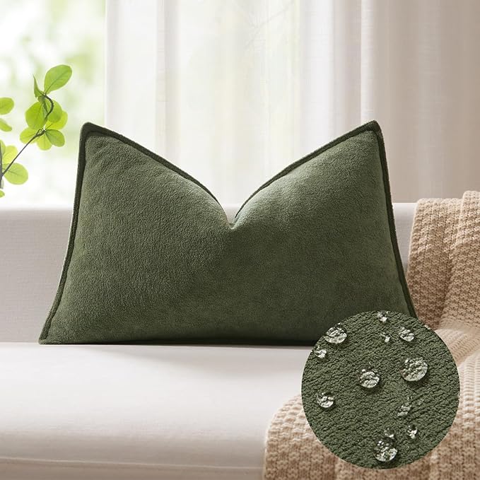 Kevin Textile 16x24 Inch Lumbar Pillow Cover 1 Pack Soft Boucle Textured Decorative Waterproof Rectangle Cushion Elegant Accent Pillow for Couch Sofa Chair Bed Home Decor Indoor Outdoor Olive Green