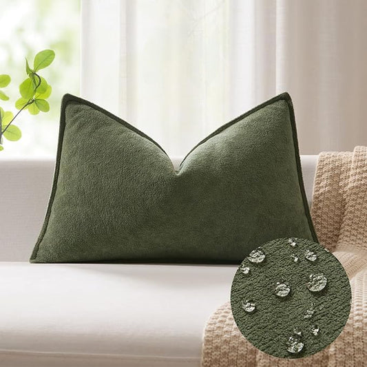 Kevin Textile 16x24 Inch Lumbar Pillow Cover 1 Pack Soft Boucle Textured Decorative Waterproof Rectangle Cushion Elegant Accent Pillow for Couch Sofa Chair Bed Home Decor Indoor Outdoor Olive Green