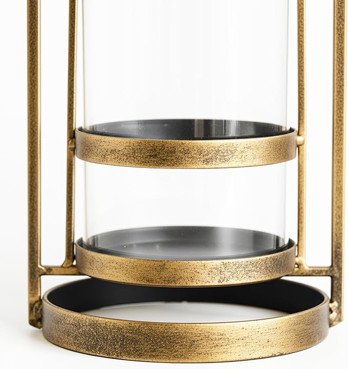 Glass Hurricane Candle Holders, Pillar Candle Holders, Metal Windproof Lantern for Industrial, Modern Farmhouse, Traditional & Vintage Home Decor, Wedding, Party, Antique Gold
