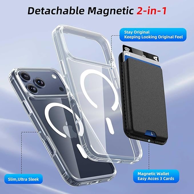 Ntwinro Magnetic for iPhone 17 Pro Max Clear Case (Compatible with MagSafe) with Black Detachable Wallet & Card Holder for 3 Cards [RFID Blocking] Military Grade Protective Slim Phone Cover