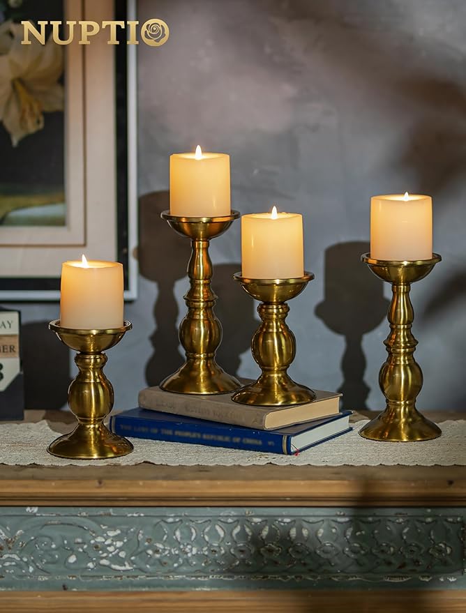 NUPTIO Pillar Candle Holder Brass: Gold Tall Candles Stand for Christmas New Year Party Centerpiece - Large Metal Candleholder Decorative for Table Fireplace Decor(2 x L)