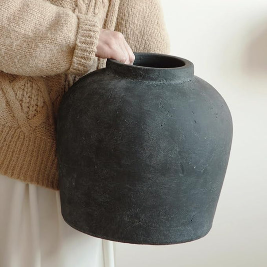 Large Ceramic Vase, 11" Rustic Farmhouse Terracotta Vase for Home Decor, Handicraft Decorative Flower Vase for Living Room, Table Centerpiece, Bedroom (Rustic Black)