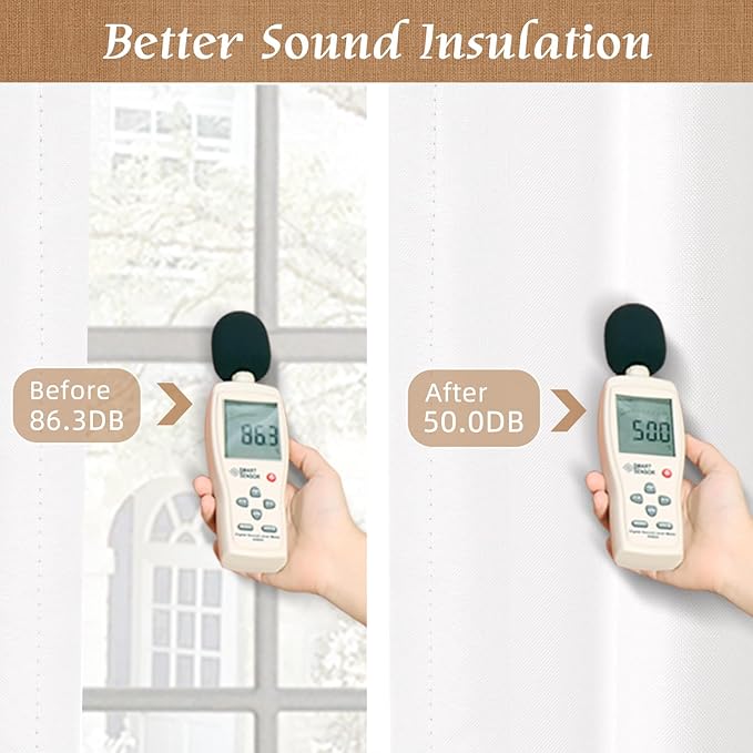 LAMIT 100% Blackout Curtains for Living Room, 95 Inches Linen Textured Thermal Insulated Bedroom Curtains Back Tab and Rod Pocket Farmhouse Panels with White Liner, 2 Panels, 52 x 95 Inch, White