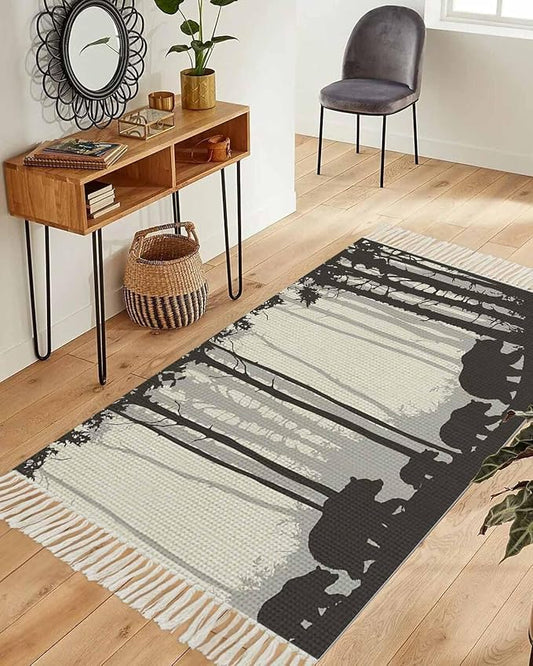 Rustic Bear Runner Rug 3X5 Ft Bedroom Area Rug, Washable Woven Forest Animal Rustic Cabin Throw Carpet with Tassel, Non-Shedding Farmhouse Vintage Nature Scenery Art Dining Room Living Room Carpets