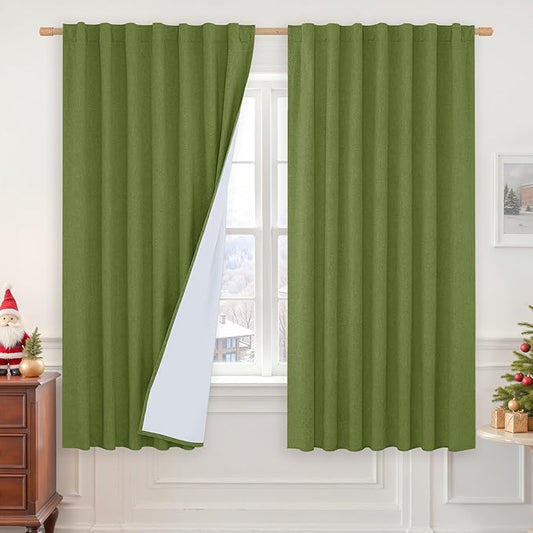 LAMIT 100% Blackout Linen Curtains 63 Inches Long, Linen Textured Living Room Bedroom Drapes Full Room Darkening Back Tab and Rod Pocket Panels with White Liner, 2 Panels, Olive Green, 60 x 63 Inch