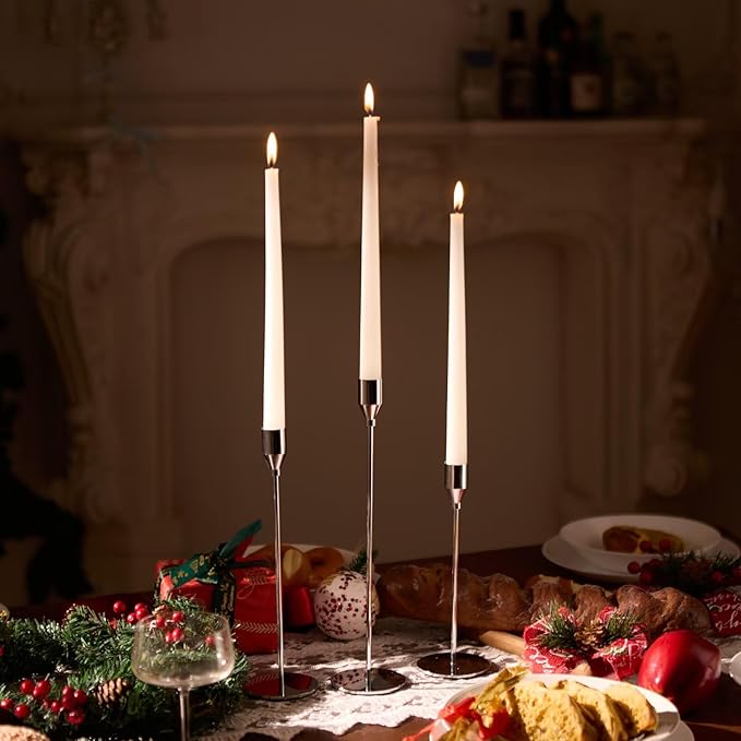 Solid Taper Candle Holders Set of 15 Bulk, Luxury Silver Long Skinny Candlestick (Heights: 9/11/13 Inch), Heavy Iron Anti-Slip Base for Fireplace Mantle Table Centerpiece Dining Decor