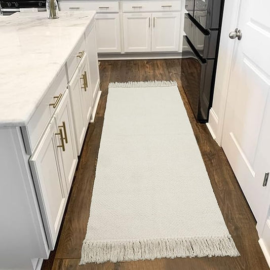 Collive 2x6 Runners for Hallway, Woven Reversible Washable Entryway Runner Rug, White/Beige Cotton Modern Farmhouse Laundry Room Carpet for Bathroom Sink Foyer Bedroom
