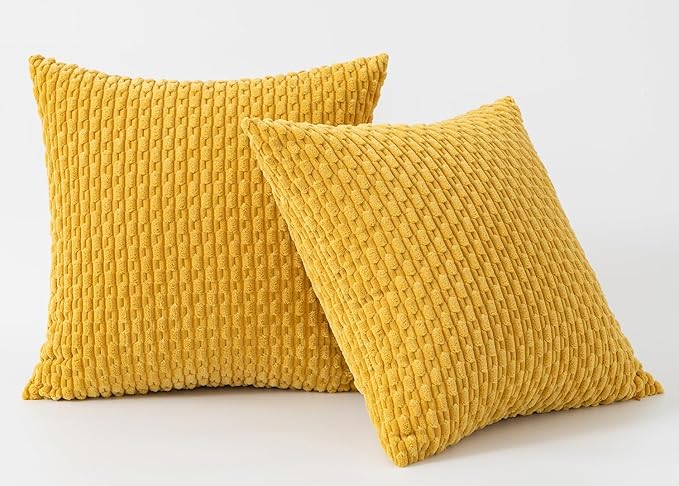 Kevin Textile Throw Pillow Covers Soft Corduroy Decorative Set of 2 Boho Striped Pillow Covers Pillowcases Farmhouse Home Decor for Couch Bed Sofa Living Room 26x26 Inch Mustard Yellow