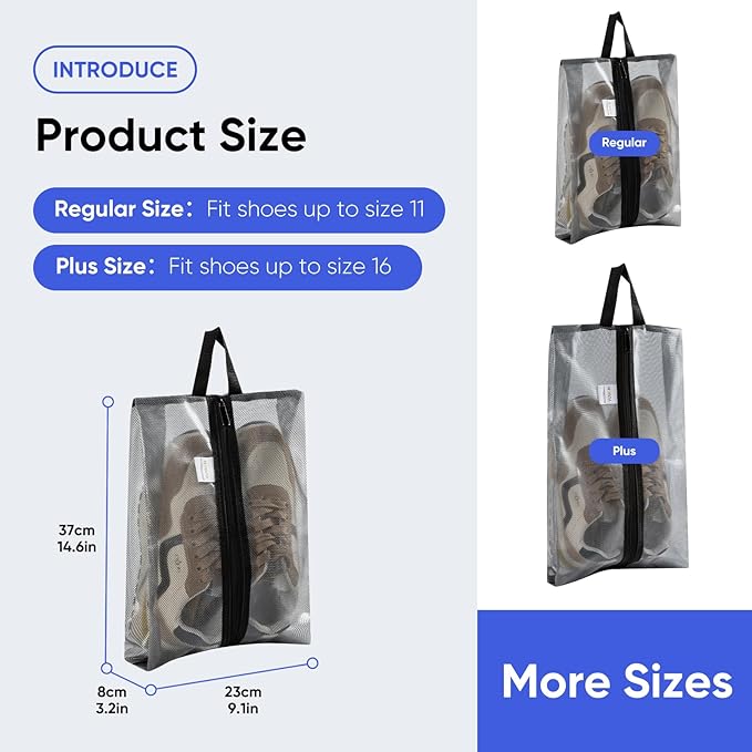 VUSIGN Travel Shoe Bag, Water-Resistant Shoe Pouch for Gym and Sport, Odor-Resistant Soccer Cleats Bag (Gray, 4-Pack)