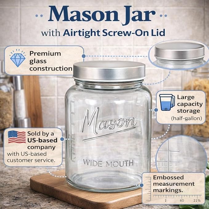 Kitchentoolz 64 oz Mason Jars Wide Mouth 2-Pack – Half Gallon Glass Jar with Lid – Large Mason Jars with Lids for Food Storage, Canning, and Fermenting