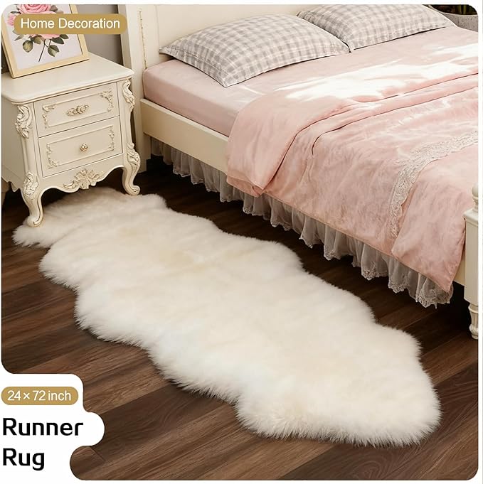 White Faux Fur Sheepskin Area Rug for Living Room Bedroom, 2 x 6 Feet Ultra Soft Shaggy Fuzzy Furry Carpet Chair Throw Runner Rugs for Kids, Girls, Nursery Room Decor Dorms