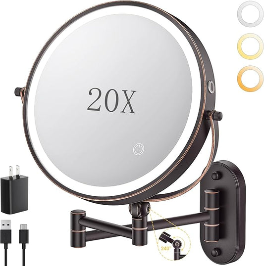 9" Wall Mounted Lighted Makeup Mirror,4000mAh Rechargeable Double Sided 1X/20X Magnifying Mirror with Light,Touch Dimmable,Extended Arm 360 Rotation Wall Mounted Makeup Mirror 3 Color Lights-Bronze