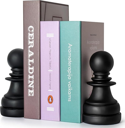 Chess Book Ends for Shelves – Elegant Decorative Bookends for Heavy Books, Office & Living Room Decor – Modern Shelf Organizer and Gift for Book Lovers by ROOKMATE (Black Mate, Pawn Duo)