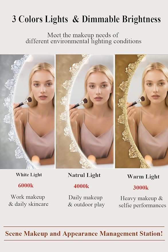 Crystal LED Vanity Mirror with Touch Control 3 Color Lights, Dimming 360° Rotation Elegant Luxury Wall Mounted HD Decorative Mirror(Wall Mounted Mirror-50cm)