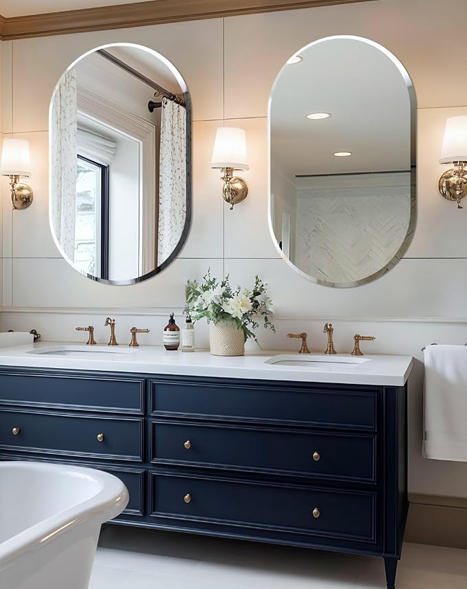 Frameless Oblong Wall Mirror: Decorative Oval Mirrored Glass Vanity with Beveled Silver Edge for Bathroom Bedroom Livingroom Dining Room Entryway Hallway, 50 x 24 inch