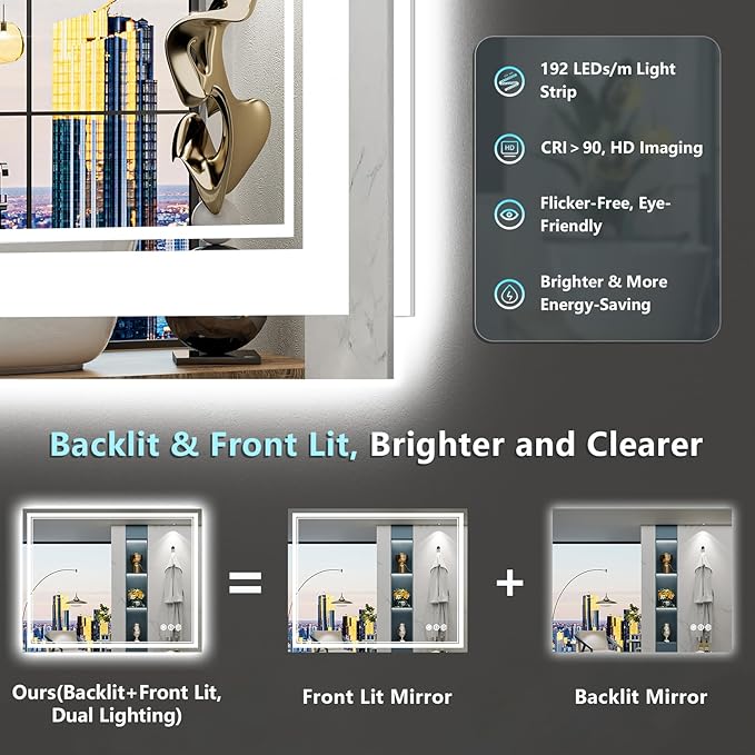 32x32 LED Bathroom Mirror with Lights, Backlit and Front Lit, Anti-Fog Lighted Vanity Mirrors for Bathroom Wall, Dimmable, 3-Color Light, Memory, Shatter-Proof, HD Tempered Glass, CRI＞90
