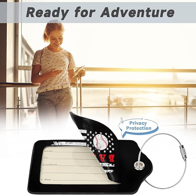 2 Pack Leather Luggage Tag for Suitcase Vintage Baseball American Flag Unique Travel Tags with Privacy Cover ID Label & Stainless Steel Loop for Men and Women Baggage
