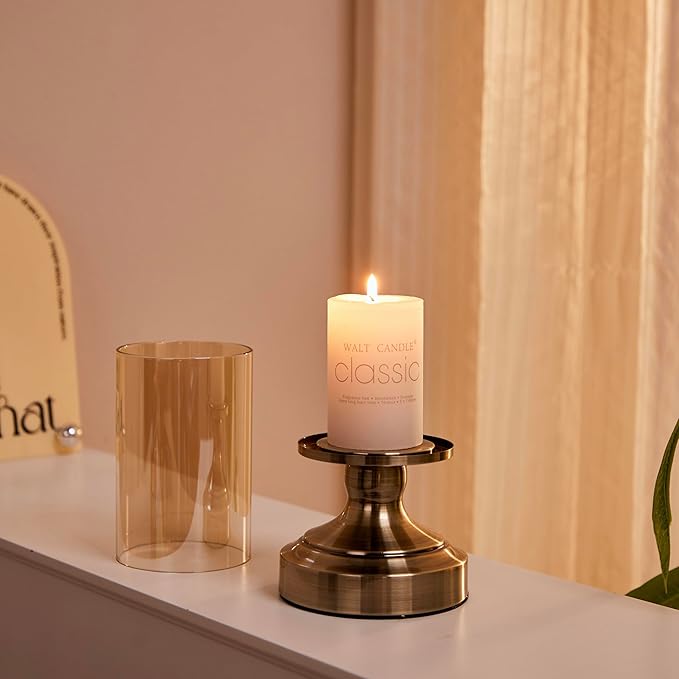 Brass Hurricane Candle Holder with Glass Lid, Anti-Tip Pillar Candle Holder for Wedding Dining Party Table Centerpiece, Elegant Home Decor