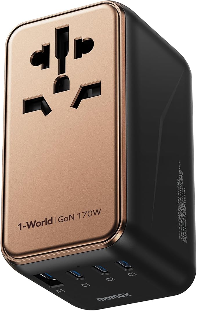 MOMAX Universal Travel Adapter, 170W GaN International Power Adapter, 3 USB-C 1 USB-A, Worldwide Travel Plug Adapter, International Power Adapter for Most Europe, USA, Japan, Australia (Type C/A/G/I)