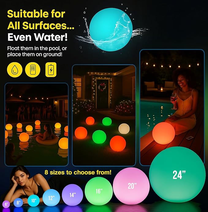 Vandue Color-Changing LED Light Ball – Rechargeable Glow Sphere with Remote – IP65 Waterproof RGB Night Light for Indoor/Outdoor, Pool, Garden, Party & Decor (6 Inch)