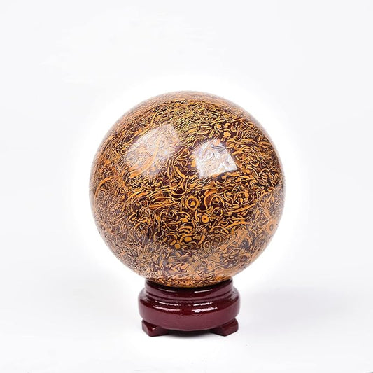 JIC Gem Golden Jade Quartz Crystal Ball Healing Crystal Gemstone Sphere with Decorative Wooden Stand for Meditation Gifts Decoration (80-90mm)