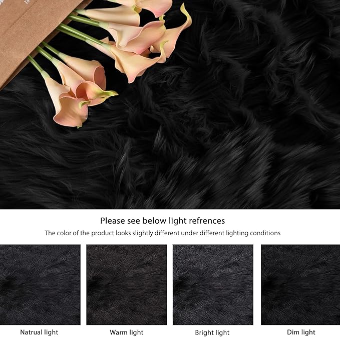 Washable 6x9 Area Rugs for Living Room Black Fuzzy Faux Sheepskin Shag Fur Rug for Bedroom Nursery Rectangle Rug Home Décor