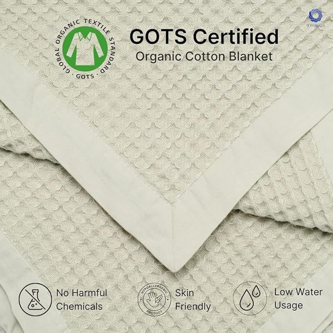 GOTS Certified Organic Cotton Waffle Weave Blanket, Queen Bed Size, 90"X90"Cozy Throw Blanket for Couch, Modern Home Decor, Throw Blankets,Comfy Waffle Blanket Soft Bed Blankets -Sea Foam