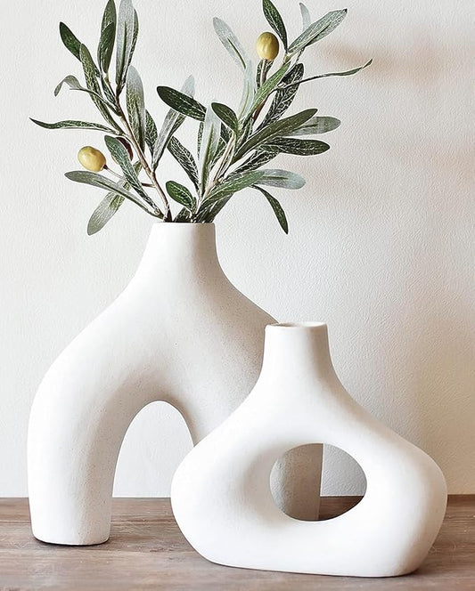 Carrot's Den Donut Vase, Set of 2 - White Large Ceramic Vase - Minimalist Nordic, Hollow | Table Centerpiece, Olive Plant, Wedding, Living Room, Bookshelf, Office, Modern Home, Entryway, Console