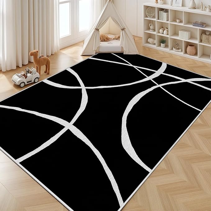 Black and White Rugs, Abstract Rug, Modern Minimalist Rug, Curved Line Design Carpet, Black and White Abstract Rugs Washable Non Slip for Living Room Home Decor 4x5