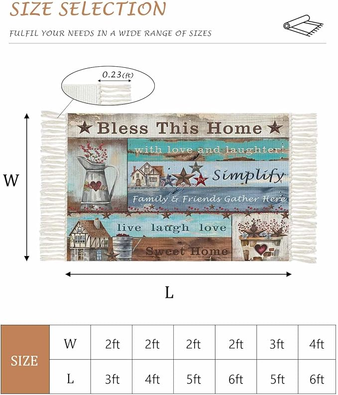 Turquoise Blue Brown Kitchen Hallway Runner Rug 2X5 Ft Carpet, Washable Woven Vintage Barn Rustic Cabin Throw Carpet with Tassel, Non-Shedding Country Star Farm Wooden Plank Entryway Laundry Rugs