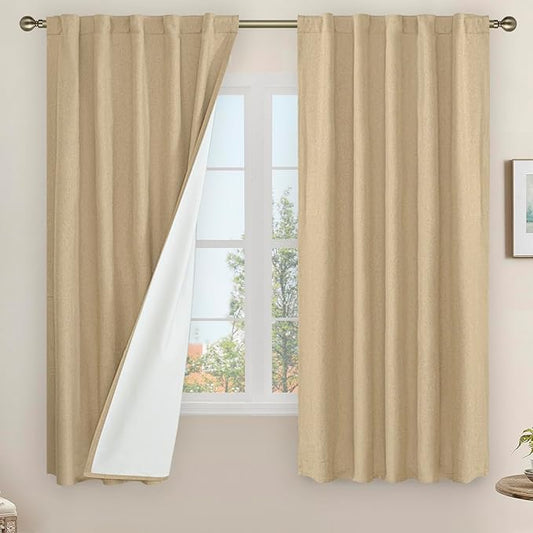 LAMIT 100% Blackout Linen Curtains, 63 Inches Linen Textured Thermal Bedroom Curtains Back Tab and Rod Pocket Neutral Panels with White Liner for Short Windows, 2 Panels, Buralp, 42 x 63 Inch