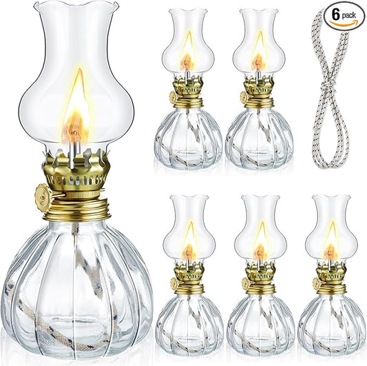 Yexiya 6 Set Vintage Glass Kerosene Lamp Rustic Oil Lamp Lantern Chamber Oil Clear Kerosene Hurricane with 6.6 ft Extra Wick for Indoor Use Lighting Decor Emergency (Pumpkin Style)