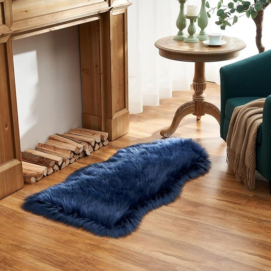 EasyJoy Ultra Soft Fluffy Shaggy Area Rug Faux Fur Rug Chair Cover Seat Pad Fuzzy Area Rug for Bedroom Floor Sofa Living Room (2 x 4 ft Sheepskin, Dark Blue)