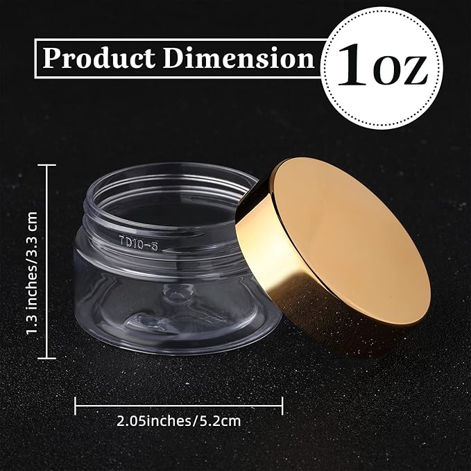 SATINIOR 12 Pack 1 oz Plastic Container Jars with Lids Round Clear Travel Cosmetic Container Jars for Toiletries, Lotion, Cream, Ointments, Makeup, Rhinestone, Samples, Kitchen Storage(Gold)
