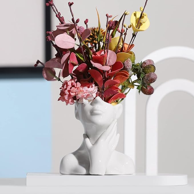 XSMXLNKWL Ceramic Face Vase White Flower Vase for Decor, Female Face Vase Art, Modern Decorative Vase Centerpiece for Table, Shelf, Living Room, Office, Bedroom, Small