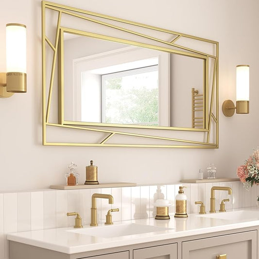 Brushed Gold Bathroom Mirror, 45''X30'' Rectangular Wall Mirrors with Geometric Metal Frame for Bathroom Bedroom Living Room, Hang Horizontally or Vertically
